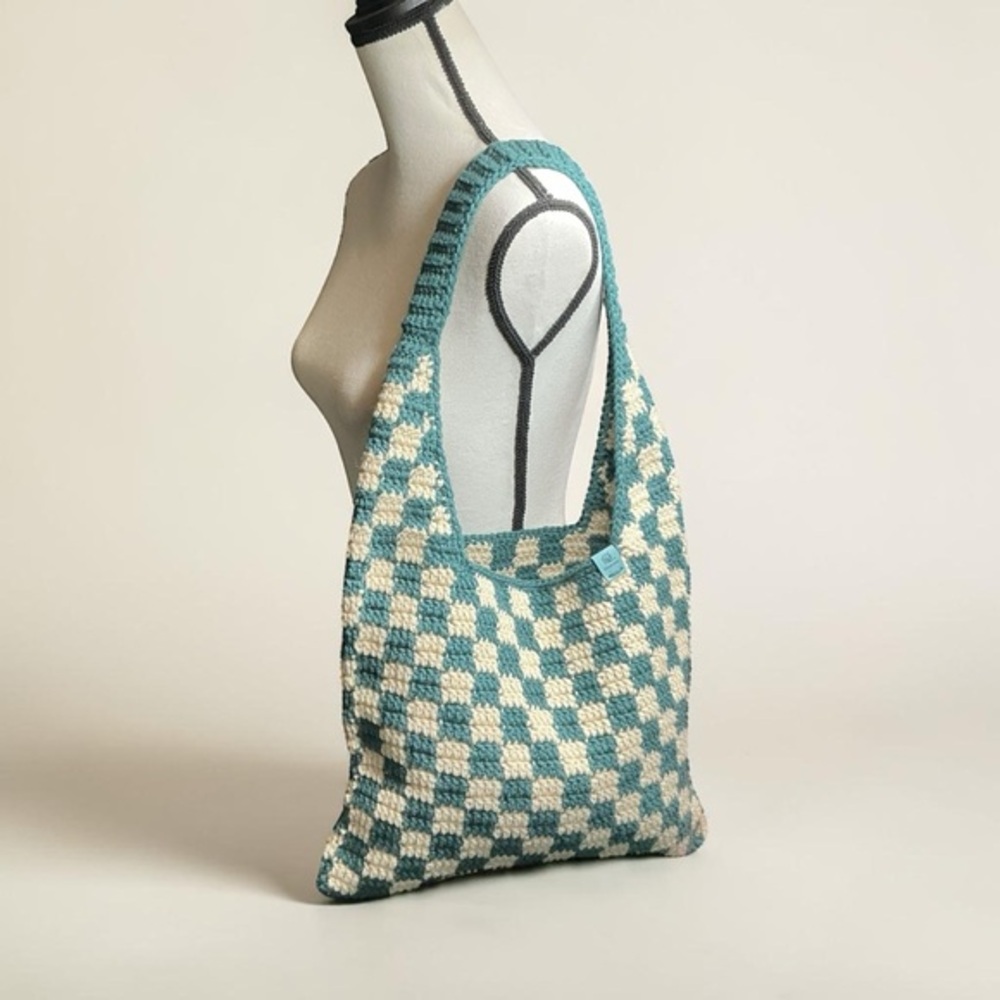 Handmade Dark Teal & Cream Checker Checkerboard Crochet Shoulder Tote Bag